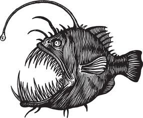 An ink and pencil illustration of a deep-sea anglerfish.