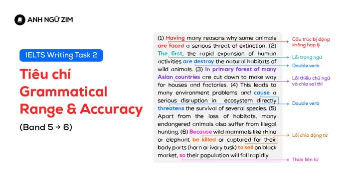 Methods to improve the criteria of grammatical range and accuracy from 5 to 6 in IELTS writing task 2