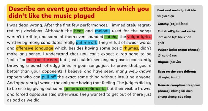 Learning vocabulary from the IELTS Speaking Part 2 sample mini-series 5 music part 3 describe an event you attended in which you didn't like the music played