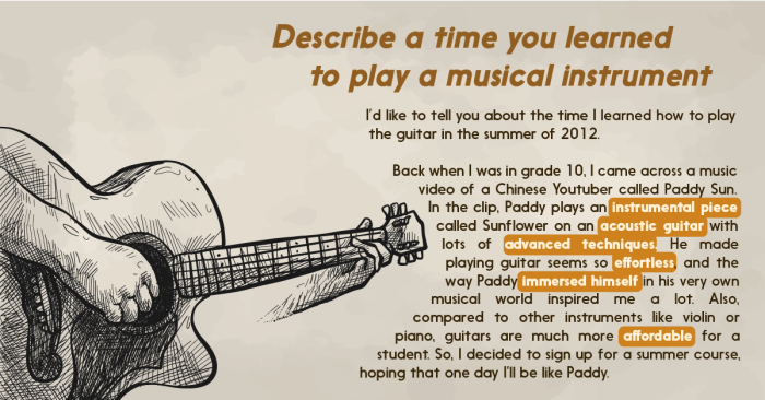 hoc tu vung theo chu de tu bai mau ielts speaking part 2 mini series 5 music phan 2 describe a time you learned to play a musical instrument