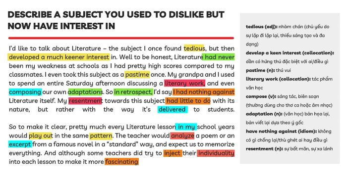 Studying vocabulary by topic from the IELTS Speaking Part 2 model - Study & Work, Section 3 Describe a subject you once disliked but now find interesting