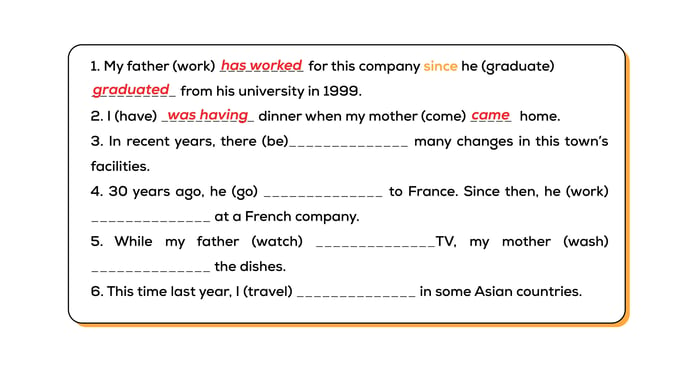 Exercise: Simple past, past continuous, and present perfect tenses with answers