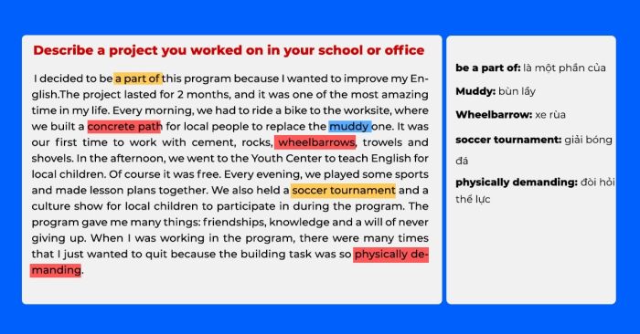 Describe a project you participated in at your school/college or workplace: Sample with accompanying vocabulary