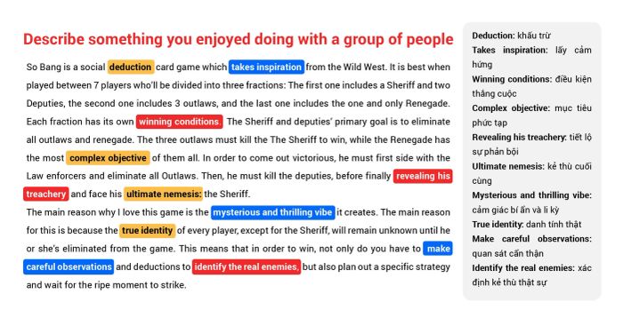 describe something you enjoyed doing with a group of people: Sample with vocabulary