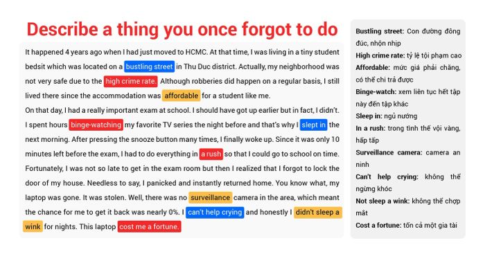 Mô tả một điều bạn từng quên làm bài mẫu kèm từ vựng