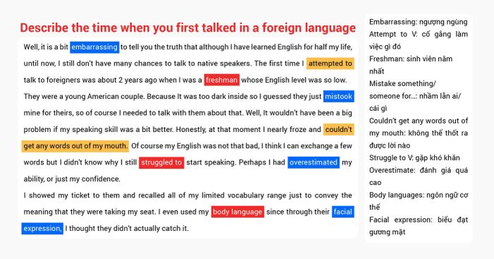 describe the time when you first talked in a foreign language example with vocabulary