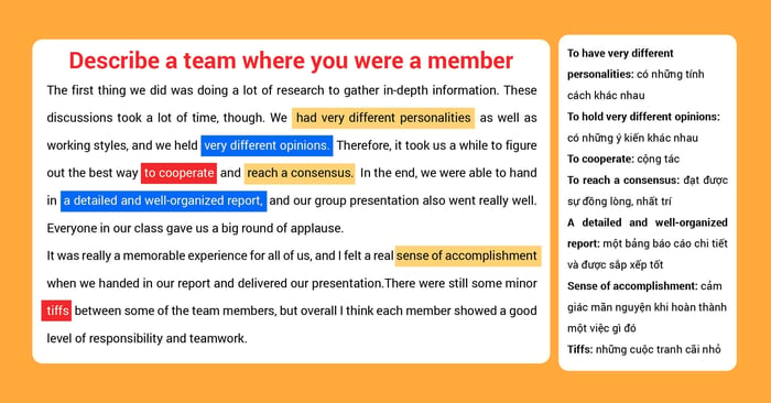 Describe a team where you were a member: Sample model with vocabulary