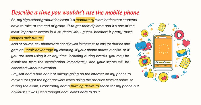 depict a time you refrained from using the mobile phone sample accompanied by vocabulary