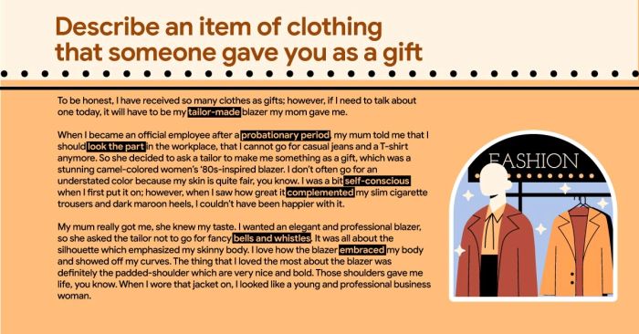 describe a piece of clothing that someone gave you as a gift sample with vocabulary