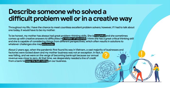 portray someone who adeptly tackled a challenging problem or demonstrated creativity in problem-solving sample with vocabulary