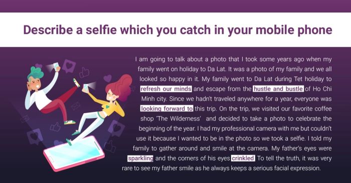 Sample of describing a selfie taken with your mobile phone including vocabulary