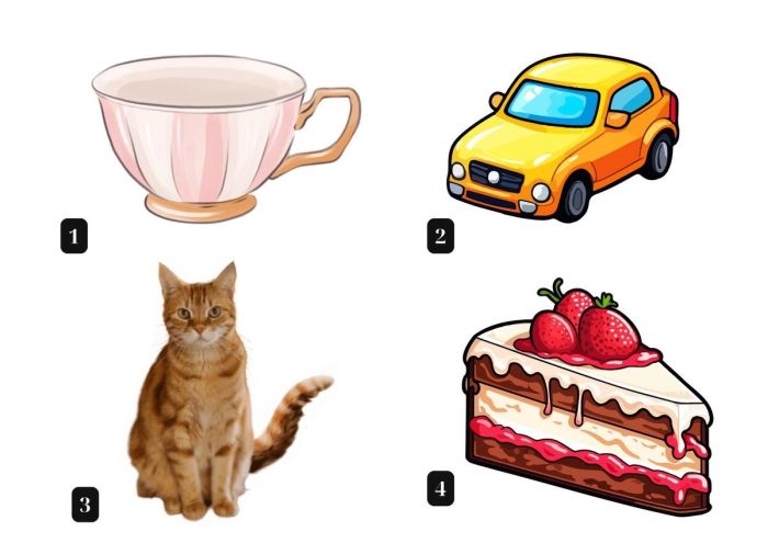 Tách trà, xe hơi, chú mèo và chiếc bánh ngọt đáng yêu