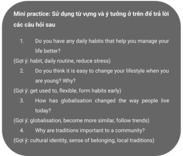 Bài thực hành nhỏ 4 - IELTS Speaking Part 3: Thói quen / Toàn cầu hóa
