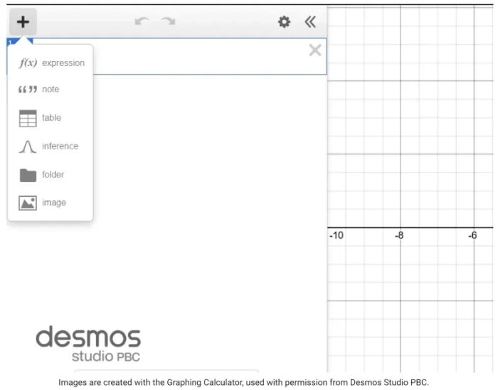 User interface of the Desmos Graphing Calculator with the Table feature