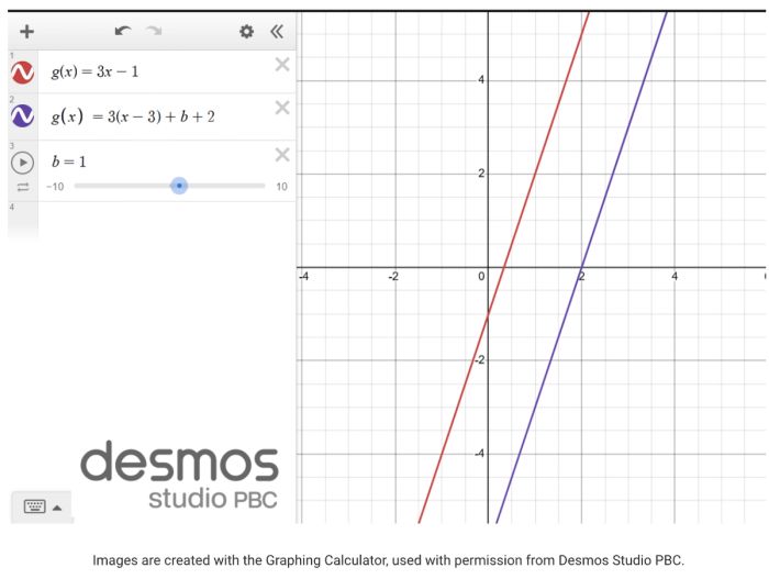 Graph of function g(x) = 3x - 1 with Transformations on the Desmos Graphing Calculator