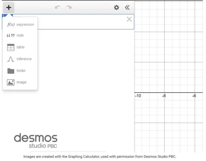 Interface of the Desmos Graphing Calculator showing the Table function