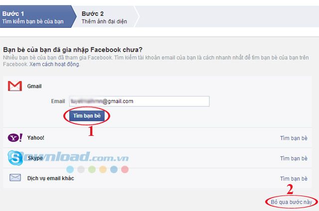 Nhập địa chỉ email để tìm bạn bè khi đăng nhập Facebook lần đầu
