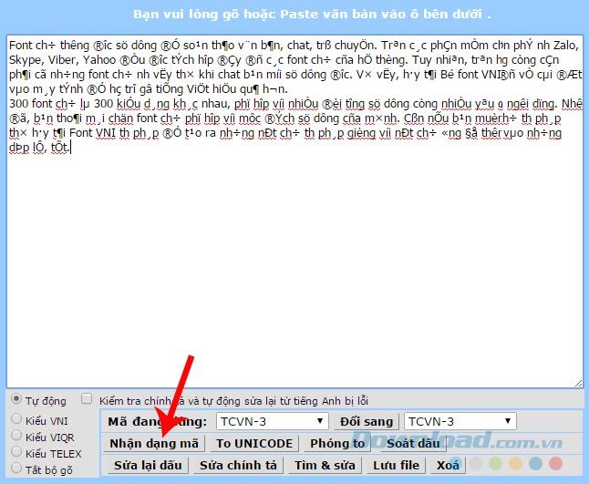 Thay đổi mã văn bản không sử dụng Unikey