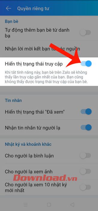 Di chuyển công tắc Hiển thị trạng thái truy cập