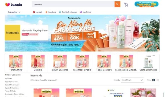 Gian hàng Mamonde, một thương hiệu mỹ phẩm Hàn Quốc chính hãng, trên các sàn thương mại điện tử