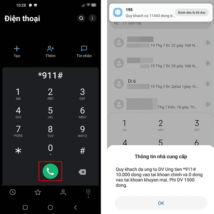 Nhấn *911# để thực hiện ứng tiền Viettel 10K
