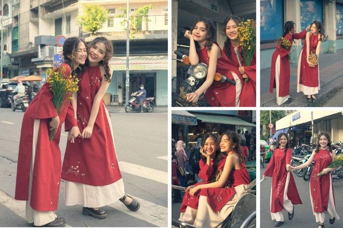 Tạo dáng chụp ảnh áo dài Tết cùng nhóm bạn thân