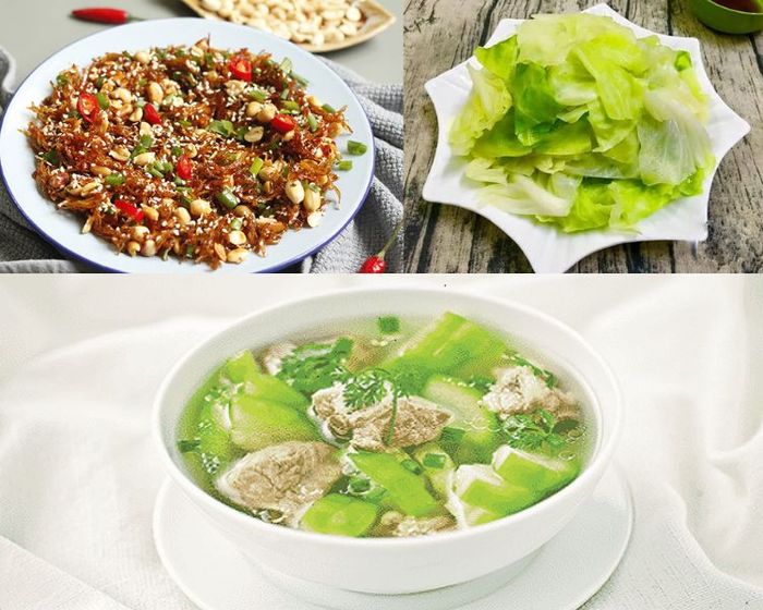 Mâm 11 gồm canh mướp hầm xương, cá cơm rim lạc và bắp cải luộc, một sự kết hợp hoàn hảo cho bữa cơm trưa đầy đủ dinh dưỡng.