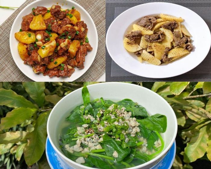 Mâm 12 với sườn rim dứa, khoai tây xào bò và canh mồng tơi, lựa chọn hoàn hảo cho bữa trưa thêm phần phong phú.