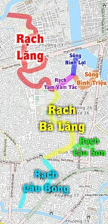 Bản đồ các tuyến rạch của Rạch Xuyên Tâm