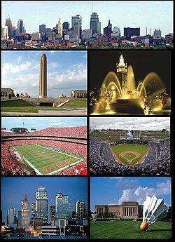 Từ góc trên bên trái: Tòa nhà chọc trời của khu trung tâm Kansas City, Đài tưởng niệm Tự do, Khu mua sắm Country Club Plaza, Sân vận động Arrowhead, Sân vận động Kauffman, Tòa nhà chọc trời của khu trung tâm Kansas City, Bảo tàng Nelson Atkins
