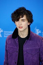 Timothée Chalamet đứng trước nền xanh tại Liên hoan phim Quốc tế Berlin lần thứ 67 vào năm 2017