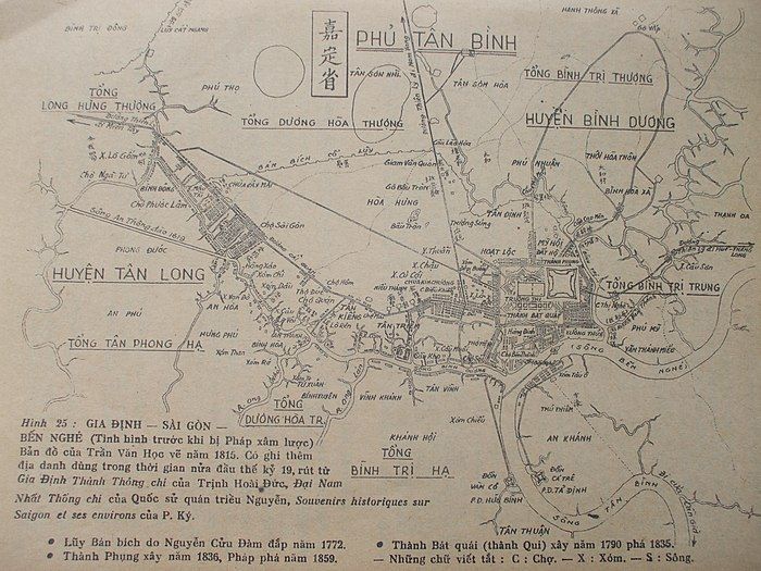 Bản đồ Gia Định năm 1815 do Trần Văn Học vẽ, ghi chú các địa danh, thể hiện sông An Thông