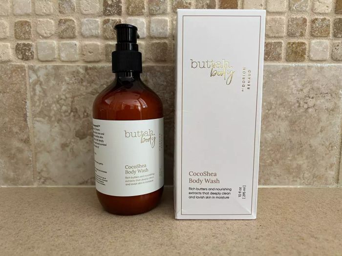 Buttah Egyptian Coco Shea Body Wash on a granite countertop