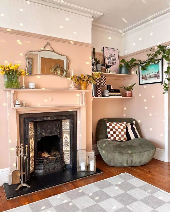 Positioning a mirror higher above the mantel helps create space for other decorative pieces while still letting natural light fill the room. As demonstrated by Leopard Print Stairs, even a smaller mirror can have a big impact, giving the illusion of a larger room.