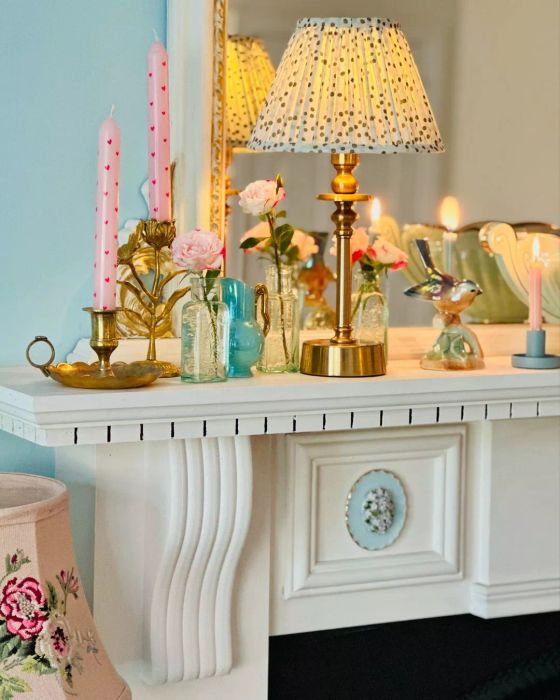 A rechargeable lamp placed on the fireplace mantel