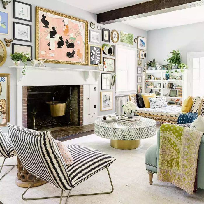 A gallery wall surrounding the fireplace