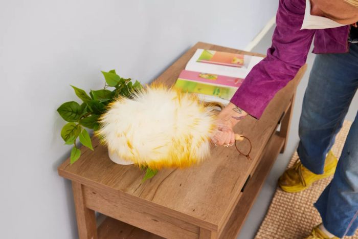 A person gently dusts a plant with the Green Vivid Lambswool Duster.