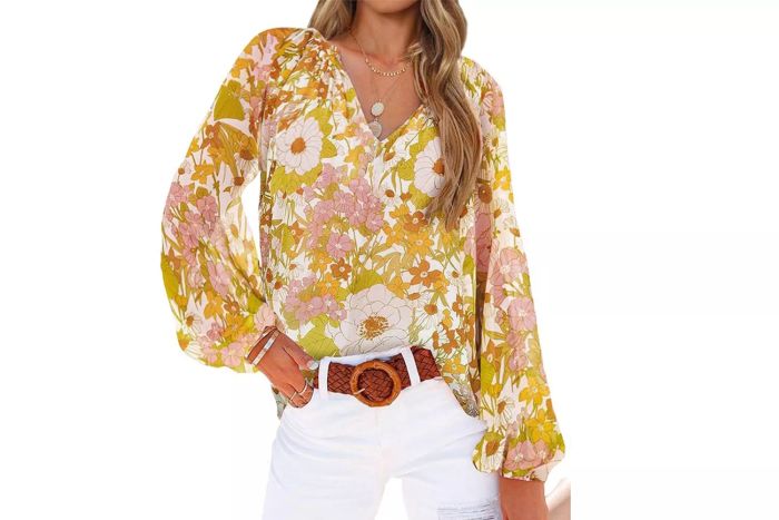 TFBM Women's Casual Boho Blouse with V-Neck and Long Puff Sleeves