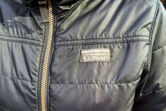 Close-up of the front of the L.L. Bean Women's Mountain Classic Puffer Hooded Jacket, showcasing the L.L. Bean logo