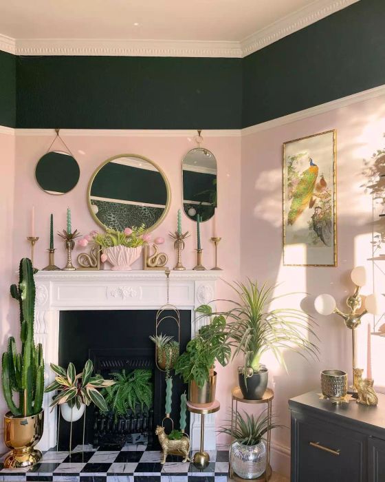 Brass candlesticks displayed on the mantel.