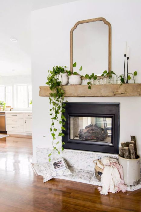 A fireplace mantel decorated with a variety of plants.
