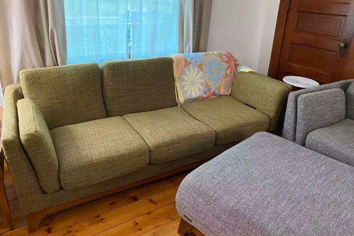 A detailed view of a green sofa in a studio, sourced from Article