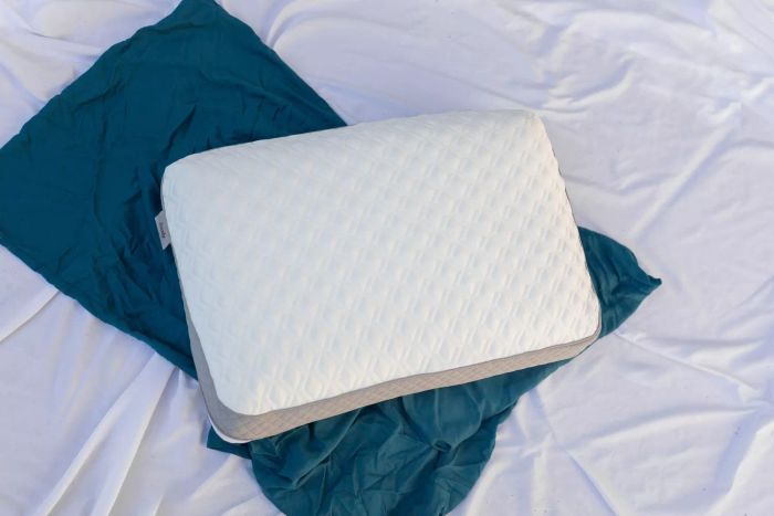 Sealy Molded Memory Foam Pillow displayed on pillowcases atop a white sheet