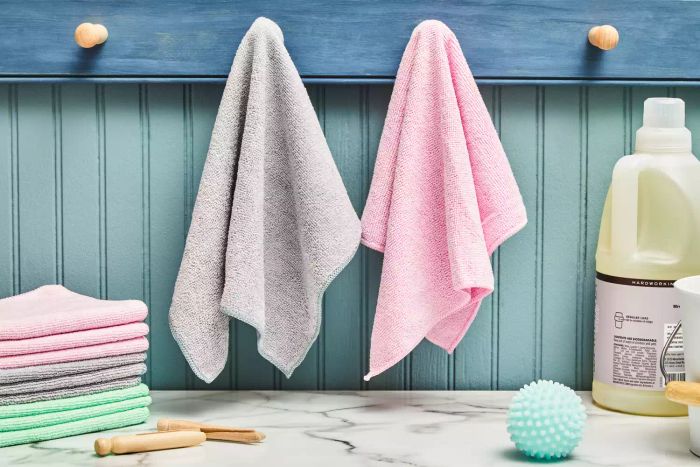 The Amazon Basics Microfiber Cleaning Cloths are neatly hung on towel hooks.