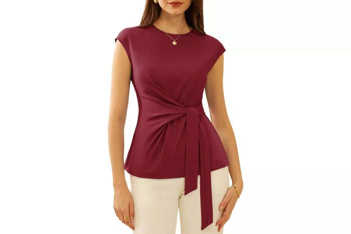 GRACE KARIN Women's Cap Sleeve Tops for Summer with Tie Waist and Crew Neck