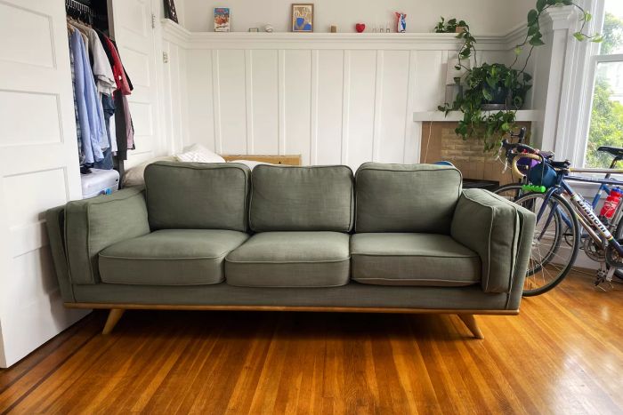 A close-up view of a green sofa in a studio, purchased from Article