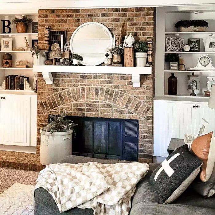A layered approach to fireplace mantel styling.