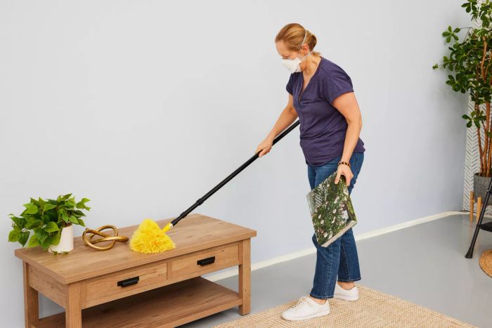 A person is seen dusting with the Ettore Poly-Fiber Professional Cobweb Duster.