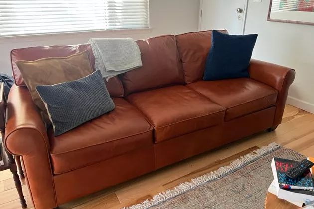 A living room featuring the Pottery Barn Buchanan Roll Arm Leather Sofa