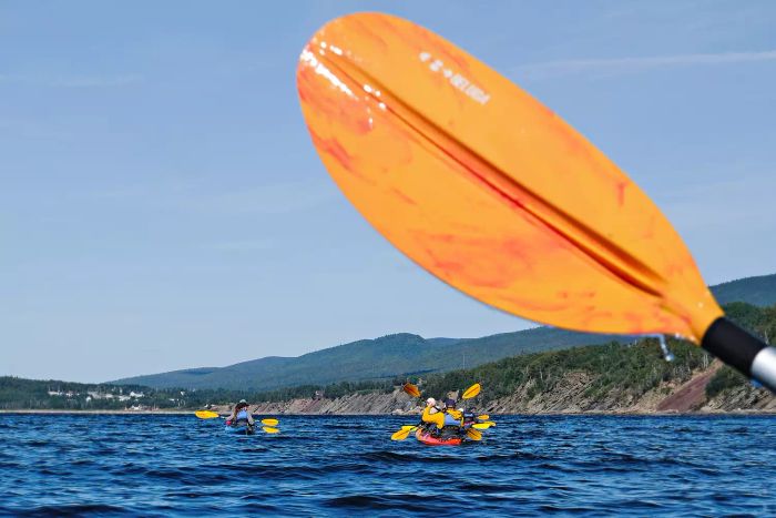 A yellow kayak paddle with a view of kayakers gliding on the water in Forillon National Park